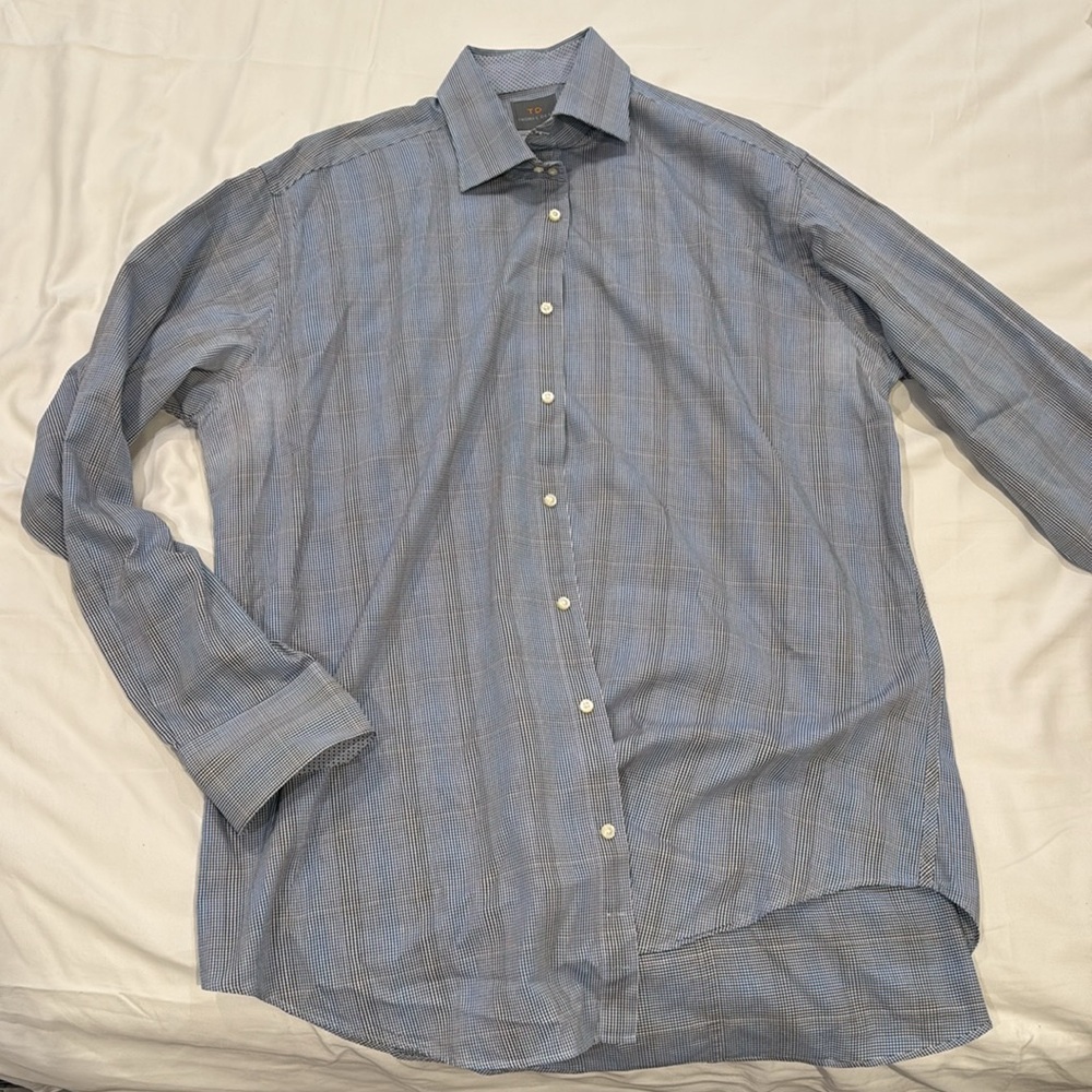 Thomas Dean Blue Black Checkered Dress Shirt